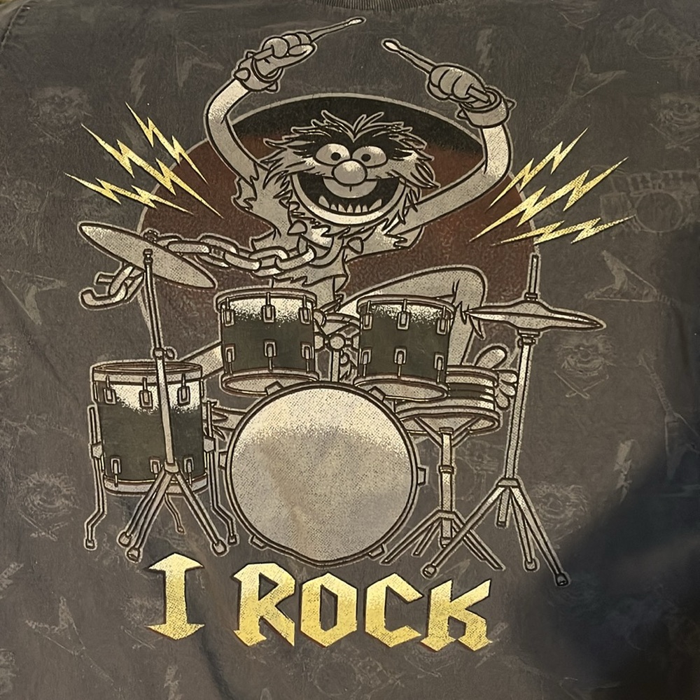 Muppets Grey Shirt I Rock All Over Graphic Tee Mens Medium Small Drummer Playing